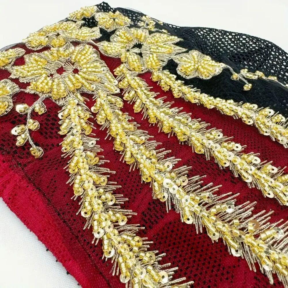 Red Beanie with Golden Beads Breathable Head Wrap and Chemo Cap Women & Girls - Picture 4 of 15